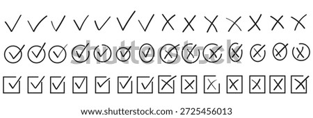 Check tick mark icon set. Cross box x check mark checkbox list vector draw hand drawn sketch doodle brush marker checklist symbol wrong right circle. hand drawn, grunge X sign. hand drawn tick mark