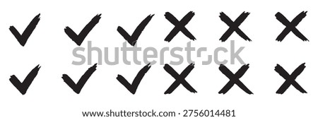Check tick mark icon set. Cross box x check mark checkbox list vector draw hand drawn sketch doodle brush marker checklist symbol wrong right circle. hand drawn, grunge X sign. hand drawn tick mark