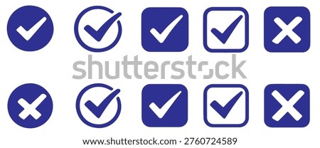 Check tick mark icon set. Cross box x check mark checkbox v list vector draw hand drawn sketch doodle brush marker checklist symbol wrong right circle. Vector Illustration