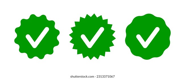 Check tick mark on wavy edge green circle sticker. Star burst shape tag with approved icon. Premium official account. Verify icon stamp. Vector illustration isolated on white background.