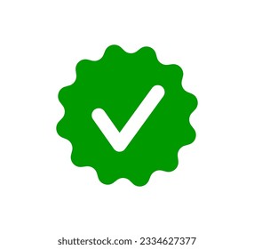 Check tick mark on wavy edge green circle sticker. Star burst shape tag with approved icon. Premium official account. Verify icon stamp. Vector illustration isolated on white background.