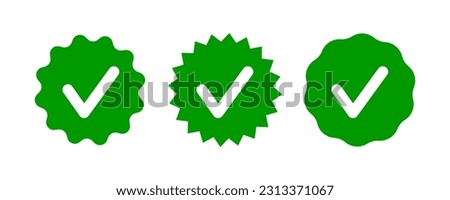 Check tick mark on wavy edge green circle sticker. Star burst shape tag with approved icon. Premium official account. Verify icon stamp. Vector illustration isolated on white background.