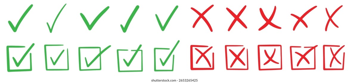 Check tick marks doodle set. Vote, yes, no, checkbox, checklist, tick and cross signs, v and x drawn concept. Hand drawn brush marker doodle sketch style vector illustration