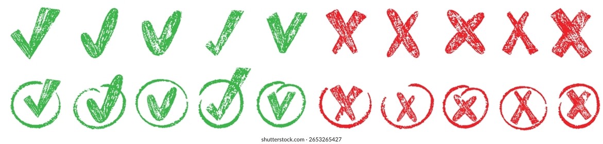 Check tick marks doodle set. Vote, yes, no, checkbox, checklist, tick and cross signs, v and x drawn concept. Hand drawn crayon doodle sketch style vector illustration