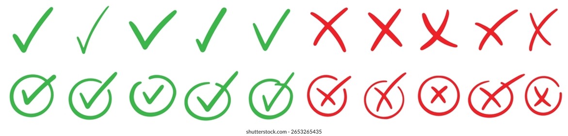 Check tick marks doodle set. Vote, yes, no, checkbox, checklist, tick and cross signs, v and x drawn concept. Hand drawn doodle sketch style vector illustration