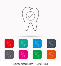 Check tooth icon. Stomatology sign. Dental care symbol. Linear icons in squares on white background. Flat web symbols. Vector