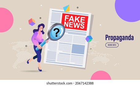 Check the truth and don't share fake news. Female hand holding newspaper and headline Fake News. False Info Fabrication Concept with Cartoon Characters. Vector Illustration.
