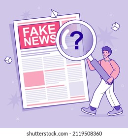 Check the truth and don't share fake news. male hand holding newspaper and headline Fake News. False Info Fabrication Concept with Cartoon Characters. Vector outline Illustration.