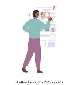 Check truth and don't share fake news. Male hand holding newspaper and magnifier searching for fake news. False info fabrication, media information source, vector illustration