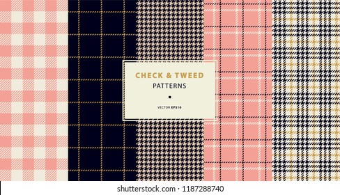 Check and tweed seamless patterns set with golden and pink. High quality precise seamless patterns