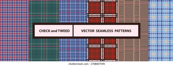 Check and tweed seamless patterns set. Six different patterns. High quality precise seamless patterns
