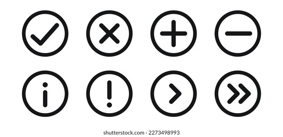 Check, uncheck, plus, minus, forward, exclamation, information icons set
