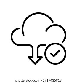 Compruebe el ícono de línea completa del Cargar, el símbolo de esquema para la copia de seguridad en la nube, el servidor enviado, el éxito de publicación, el Compartir multimedia y el almacenamiento en línea. Icono de signo de Vector.
