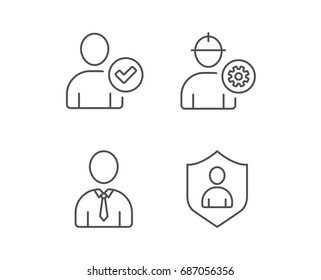 Check User, Engineer and Businessman line icons. Security Shield symbol. Quality design elements. Editable stroke. Vector