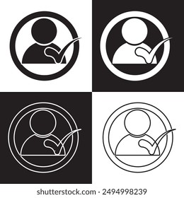 check user icon vector accept person profile avatar with checkmark yes tick symbol, checked user profile account approved icon. isolated on white and black background. Vector illustration. EPS 10