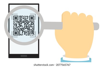 Check of the vaccination certificate by QR code. A magnifying glass in your hand magnifies the code on the tablet.
