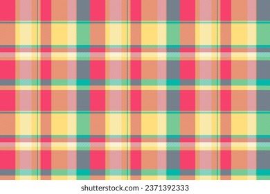 Check vector fabric of background textile texture with a tartan pattern seamless plaid in red and yellow colors.
