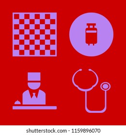 check vector icons set. with hotel reception, chess board, stethoscope and travelling luggage in set