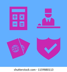 check vector icons set. with shield check, hotel reception, passports and calculator in set