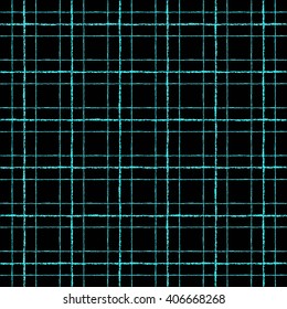 Check vector seamless pattern. Vertical and horizontal narrow hand drawn crossing stripes. Square, plaid, cellular texture. Neon green uneven bars.