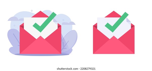 Check Verify And Valid Email Message Icon Vector Or Passed Confirmation Tick Mark Mail Letter Flat Graphic Illustration, Correct Vote Answer Or Finished Completed Updated Sms In Envelope Clip Art