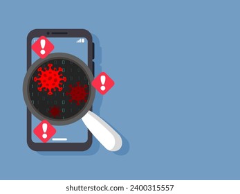 Compruebe que el pirata de alerta de virus avise al hacker para robar datos privados y fraude en dispositivos móviles por correo electrónico o aplicación falsa desconocida. Diseño plano de ilustración vectorial para el concepto de conciencia de la seguridad cibernética.