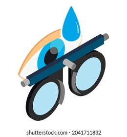 Check vision icon isometric vector. Trial frame, open human eye and blue drop. Optometrist equipment, ophthalmology concept