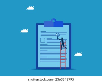 Check work documents. Businessman holding a magnifying glass climbing stairs on report paper