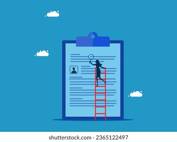 Check work history. Businesswoman uses a magnifying glass to examine employee documents