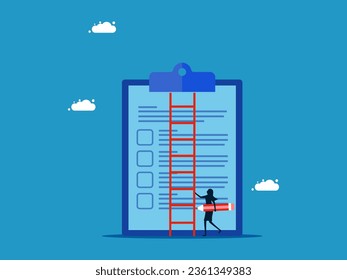 Check work progress. woman holding a pencil climbs a ladder to check a report