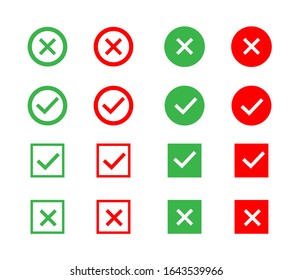 Check and wrong icons set of check marks. Green tick, red cross, black tick and cross. Vector icons.