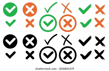 Check and wrong icons set of check marks. Green tick, red cross, black tick and cross. Vector icons.