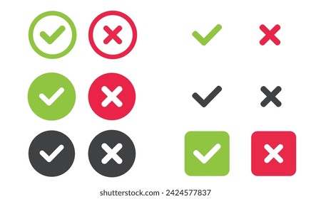 Check and wrong icons set of check marks. Green tick, red cross, black tick and cross. Yes or no - Vector