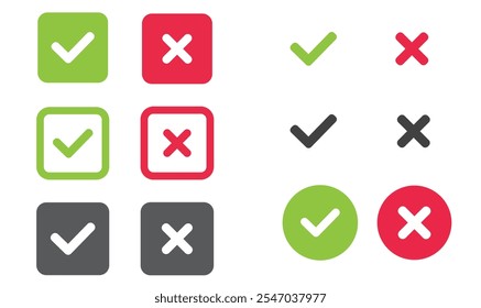 Ícones de verificação e incorretos conjunto de marcas de verificação. Carrapato verde, cruz vermelha, carrapato preto e cruz. Sim ou não - Vetor