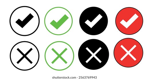 Check and wrong icons set of check marks. Green tick and cross, red cross and tcck, black tick and cross. Yes or no - Vector symbol design