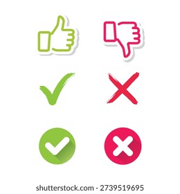 Check and wrong icons set of check marks. Green tick, red cross, black tick and cross. Yes or no - Vector.
