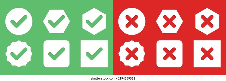 Check and wrong marks Icon Set, Tick and cross marks, Accepted,Rejected, Approved,Disapproved, Yes,No, Right,Wrong, Green,Red, Correct,False, Ok,Not Ok - vector mark symbols in green and red.