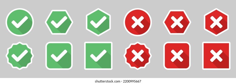Check and wrong marks Icon Set, Tick and cross marks, Accepted,Rejected, Approved,Disapproved, Yes,No, Right,Wrong, Green,Red, Correct,False, Ok,Not Ok - vector mark symbols. White stroke design.