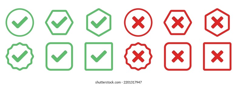 Check and wrong marks Icon Set, Tick and cross marks, Accepted,Rejected, Approved,Disapproved, Yes,No, Right,Wrong, Green,Red, Correct,False, Ok,Not Ok - vector mark symbols in green and red.