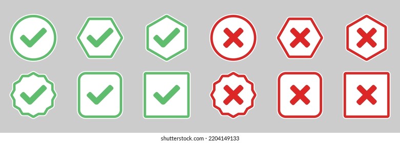 Check and wrong marks Icon Set, Tick and cross marks, Accepted,Rejected, Approved,Disapproved, Yes,No, Right,Wrong, Green,Red, Correct,False, Ok,Not Ok - vector mark symbols in green and red.
