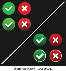 Check and wrong marks, tick and cross marks, accepted, rejected, approved, disapproved, right, wrong, correct, false - vector mark symbols in green and red. isolated icon.