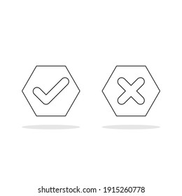 Check and wrong marks, Tick and cross marks, Accepted,Rejected, Approved,Disapproved, Right,Wrong, Correct,False - vector mark symbols. Black outline design. Isolated icon.