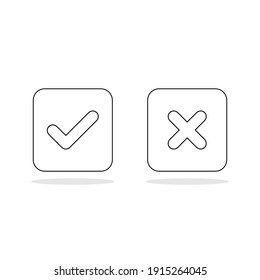 Check and wrong marks, Tick and cross marks, Accepted,Rejected, Approved,Disapproved, Right,Wrong, Correct,False - vector mark symbols. Black outline design. Isolated icon.