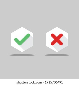 Check and wrong marks, Tick and cross marks, Accepted,Rejected, Approved,Disapproved, Right,Wrong, Correct,False - vector mark symbols in green and red. Isolated icon.