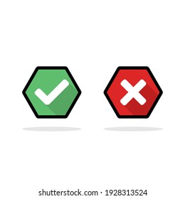 Check and wrong marks, Tick and cross marks, Accepted,Rejected, Approved,Disapproved, Right,Wrong, Correct,False - vector mark symbols in green and red. Black stroke and shadow design. Isolated icon.