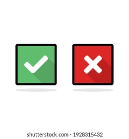 Check and wrong marks, Tick and cross marks, Accepted,Rejected, Approved,Disapproved, Right,Wrong, Correct,False - vector mark symbols in green and red. Black stroke and shadow design. Isolated icon.