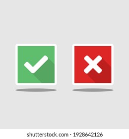 Check and wrong marks, Tick and cross marks, Accepted,Rejected, Approved,Disapproved, Right,Wrong, Correct,False - vector mark symbols in green and red. White stroke and shadow design. Isolated icon.