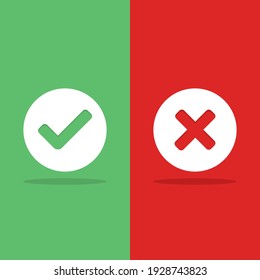 Check and wrong marks, Tick and cross marks, Accepted,Rejected, Approved,Disapproved, Right,Wrong, Correct,False - vector mark symbols in green and red. Isolated icon.