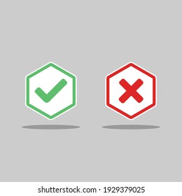 Check and wrong marks, Tick and cross marks, Accepted,Rejected, Approved,Disapproved, Right,Wrong, Correct,False - vector mark symbols in green and red. Isolated icon.