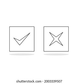 Markierungen und falsche Markierungen, Zecken- und Kreuzungsmarken, Akzeptiert, abgelehnt, genehmigt, abgelehnt, Richtig, Falsch, Falsch - Vektormarkensymbole. Schwarze Rahmenkonstruktion. Isolierte Ikone.